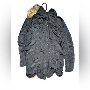 NWT Juniors Madden Girl Quilted Puffer Coat Faux Fur Removable Hood Black M